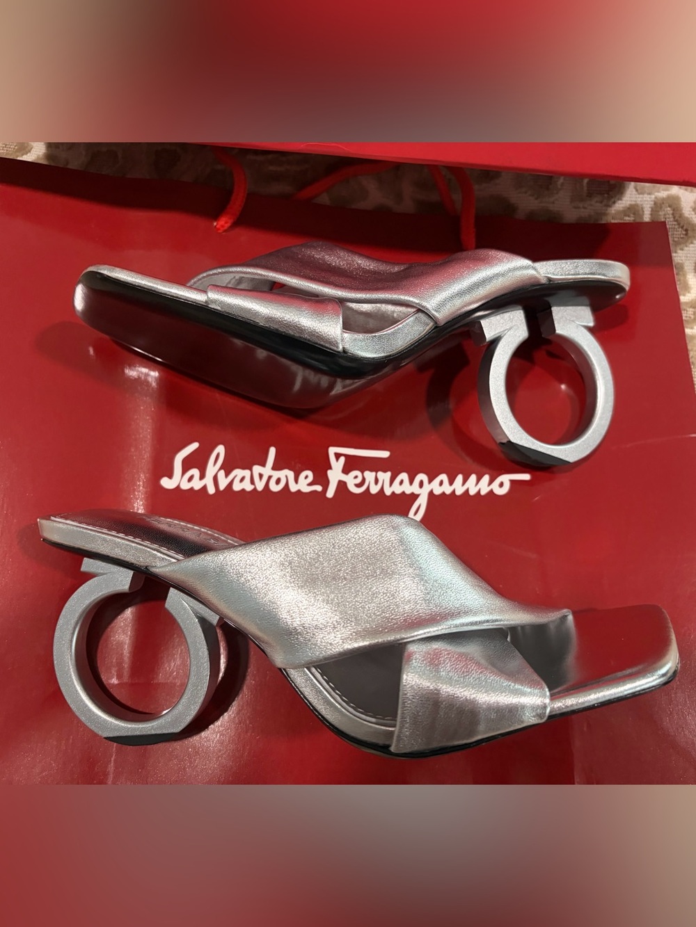 Ferragamo Silver Metallic Circular-Heel Slide Sandals - Picture 3 of 16
